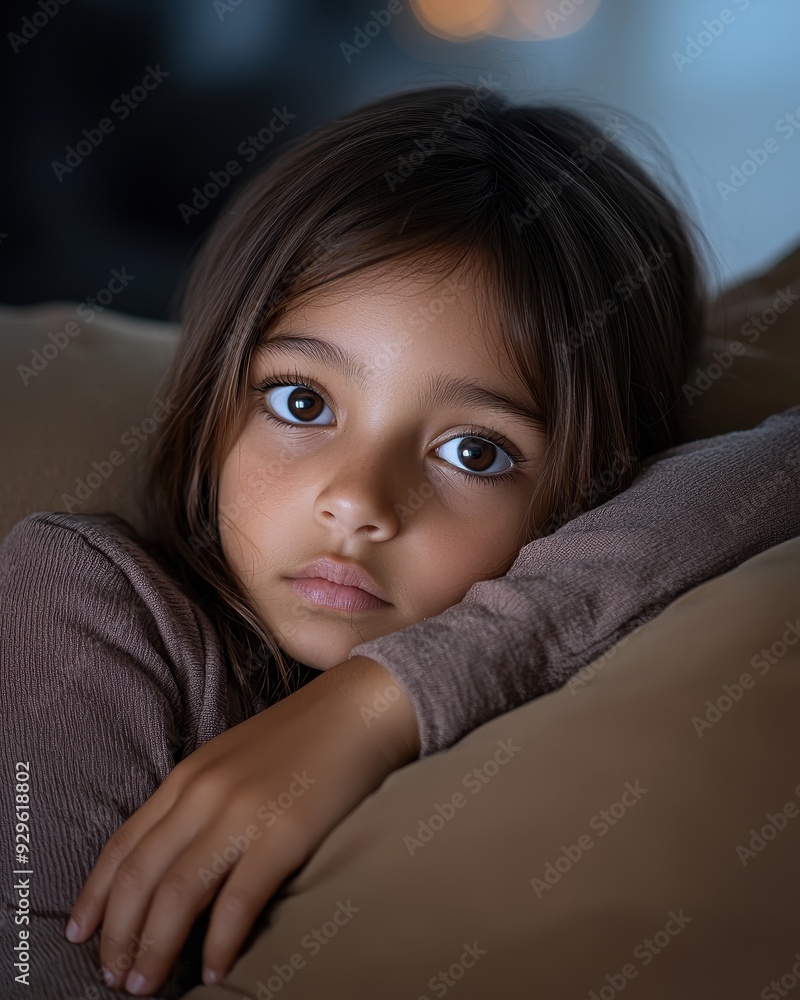 A thoughtful young girl resting on a cushion, her expressive eyes reflecting curiosity and innocence in a serene setting. A thoughtful young girl resting on a cushion, her expressive eyes reflecting curiosity and innocence in a serene setting.