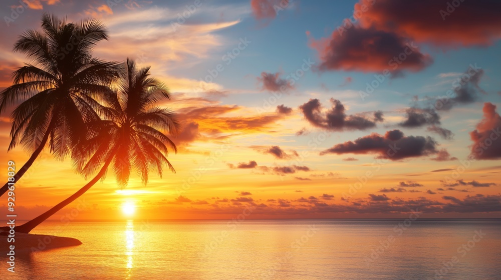 Tropical island sunset with palm trees silhouetted against a fiery sky, merging with the endless ocean Tropical island sunset with palm trees silhouetted against a fiery sky, merging with the endless ocean