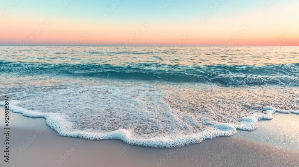 A serene beach scene at sunset with gentle waves lapping at the shore. A serene beach scene at sunset with gentle waves lapping at the shore.