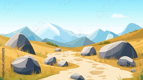 Rocky terrain, boulders and rugged paths, mountainous region, flat design illustration