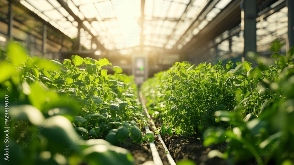 A vibrant greenhouse filled with lush green plants, illuminated by sunlight. A vibrant greenhouse filled with lush green plants, illuminated by sunlight.