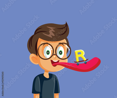 Speech Therapy Patient Pronouncing Letter R Vector Illustration. Patient with rhotacism correcting the speech impediment 
