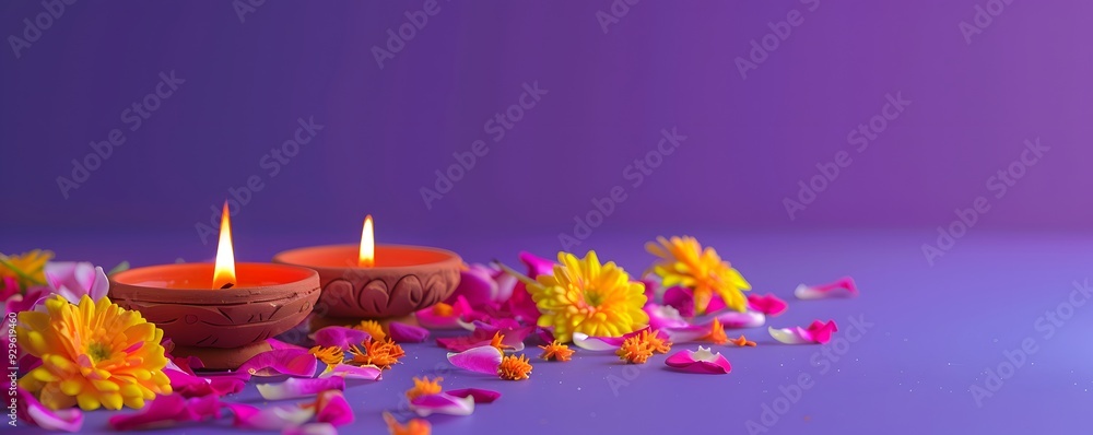 Two Lit Candles Surrounded by Flower Petals and Yellow Flowers on Purple Background Two Lit Candles Surrounded by Flower Petals and Yellow Flowers on Purple Background