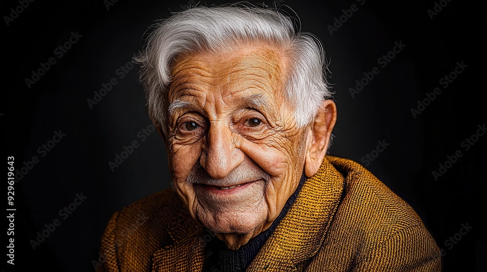 Portrait of a smiling elderly man with white hair, showcasing wisdom and warmth against a dark background. Portrait of a smiling elderly man with white hair, showcasing wisdom and warmth against a dark background.