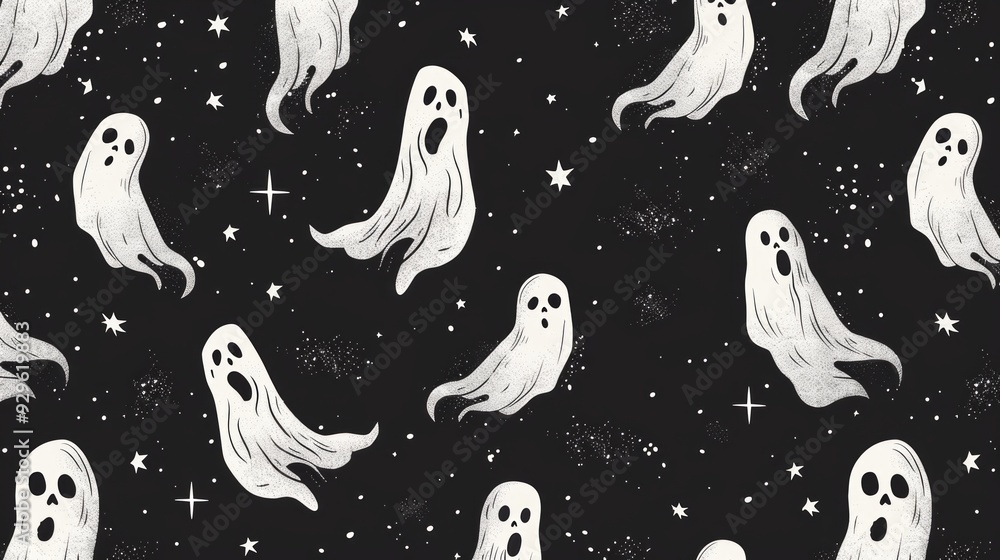 A repetitive seamless pattern with black background and white ghostmane cartoons. Cute seamless pattern of white ghostmane cartoons A repetitive seamless pattern with black background and white ghostmane cartoons. Cute seamless pattern of white ghostmane cartoons