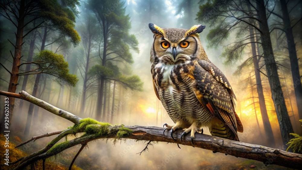 Obraz premium Majestic great horned owl perches on a misty forest tree branch, sharp talons grasping wood, intense yellow eyes gazing into the foggy wilderness landscape.
