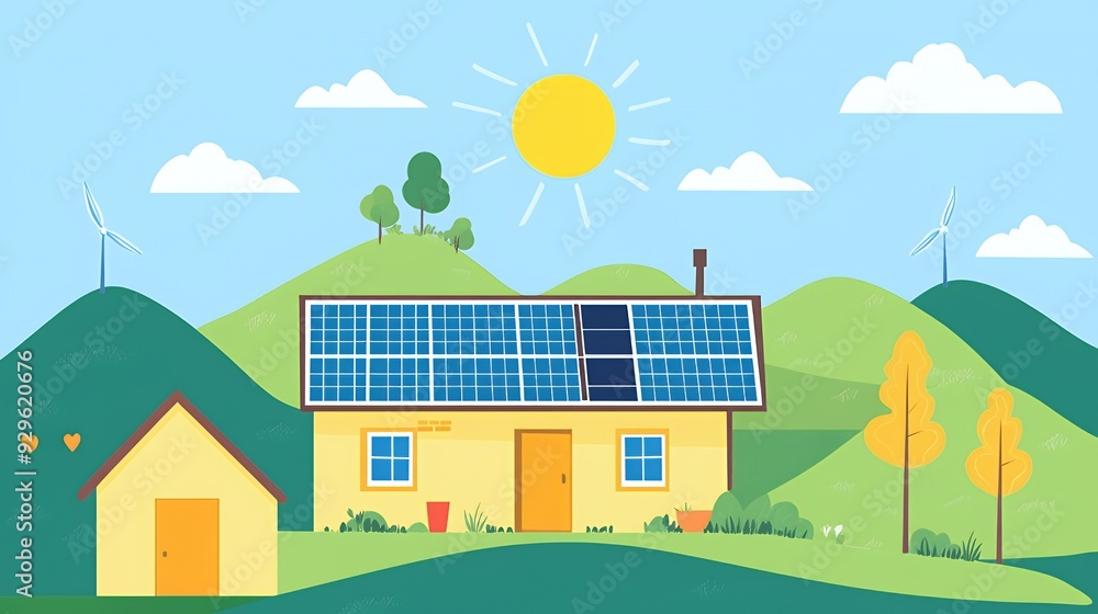 Naklejka premium Eco-friendly house with solar panels on the roof and wind turbines on green hills under a sunny sky.