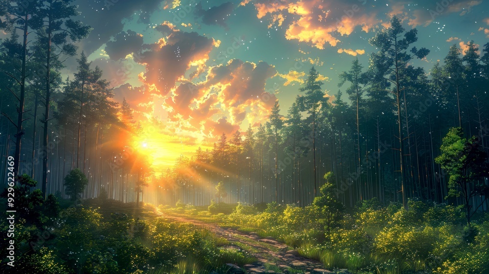 Obraz premium Sunbeams Illuminate a Forest Path at Sunset