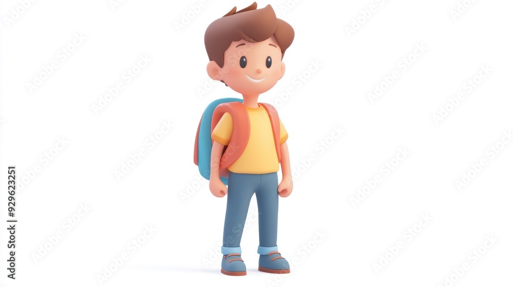 Happy cartoon boy with backpack and casual outfit on white background illustration Happy cartoon boy with backpack and casual outfit on white background illustration