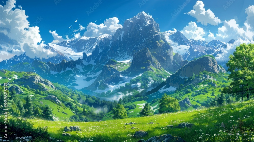 Majestic Mountain Peak with Verdant Valley and Fluffy Clouds Majestic Mountain Peak with Verdant Valley and Fluffy Clouds