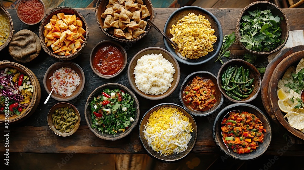 Assortment of Dishes on Rustic Wooden Tabletop Assortment of Dishes on Rustic Wooden Tabletop