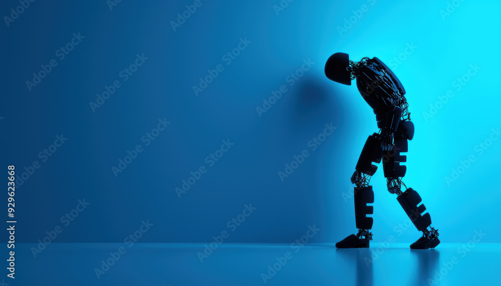 A robot is standing in front of a blue wall A robot is standing in front of a blue wall