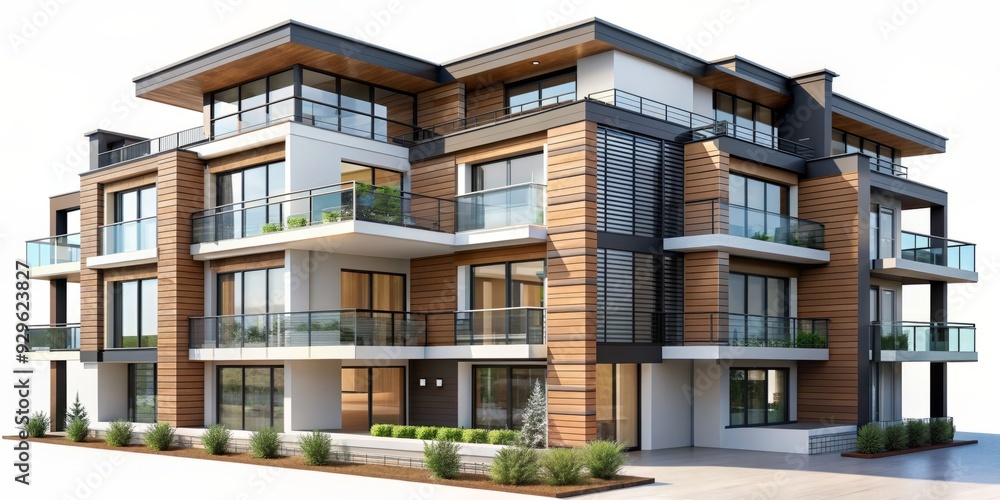 Modern residential building exterior illustration with sleek design, prominent windows, and spacious balconies, set against a pure white background, perfect for a large family's new home. Modern residential building exterior illustration with sleek design, prominent windows, and spacious balconies, set against a pure white background, perfect for a large family's new home.