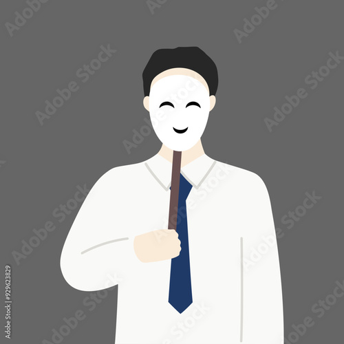 Businessman wearing fake smiling face mask hiding real emotion. Liar, betrayal, fraud, scam concepts. Flat character vector design isolated illustration.