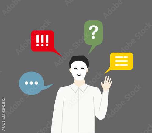 Businessman wearing fake smiling face mask hiding real emotion talking. Liar, hypocrite, betrayal, fraud concepts. Flat character vector design illustrations with speech bubble background.