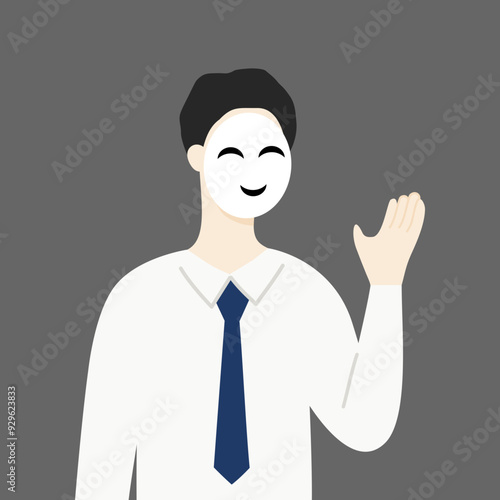 Businessman wearing fake smiling face mask hiding real emotion talking. Liar, hypocrite, betrayal, fraud concepts. Flat character vector design illustrations.