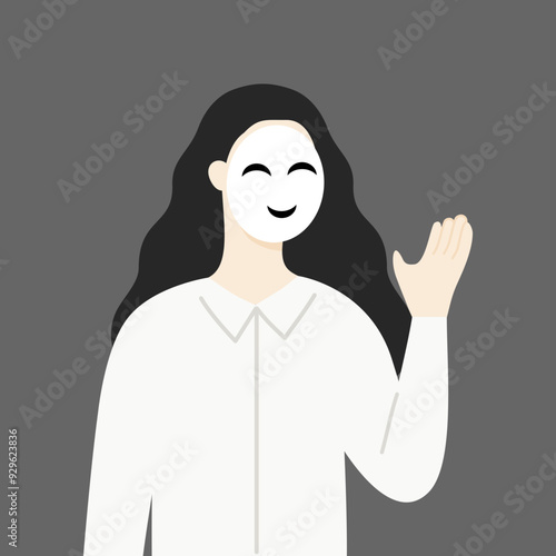 Businesswoman wearing fake smiling face mask hiding real emotion talking. Liar, hypocrite, betrayal, fraud concepts. Flat character vector design illustrations.