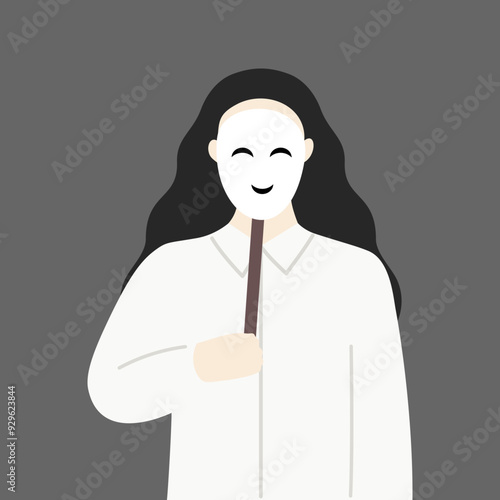 Businesswoman wearing fake smiling face mask hiding real emotion. Liar, betrayal, fraud, scam concepts. Flat character vector design isolated illustration.