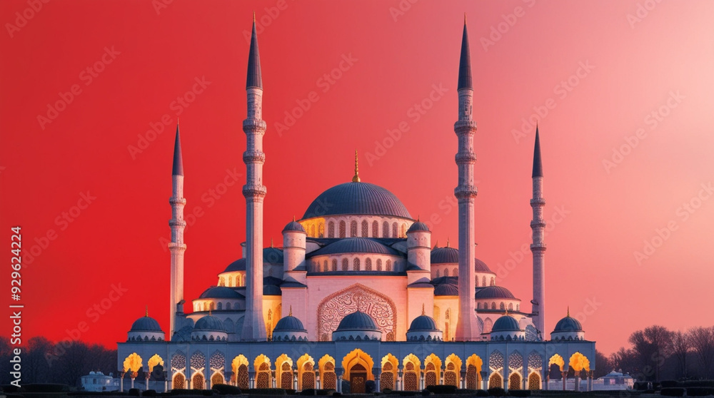 Fototapeta premium stunning mosque stands out against a bold red backdrop.