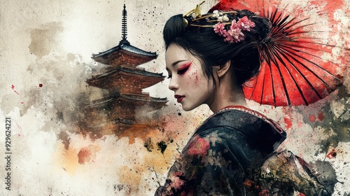 Concept of a watercolor painting of a Japanese geisha woman in a beautiful traditional kimono background wallpaper AI generated image