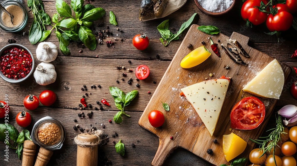 Rustic wooden surface with cheese, tomatoes, and herbs Rustic wooden surface with cheese, tomatoes, and herbs