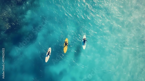 Top view drone shot of surfers paddling