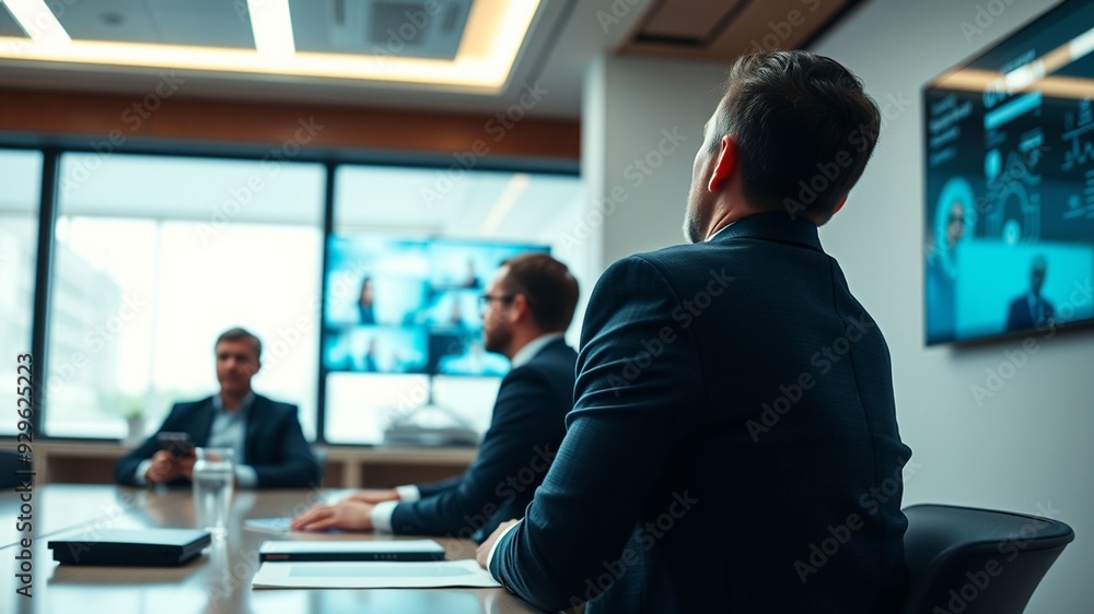 Business Meeting in Conference Room with Wall Monitor Business Meeting in Conference Room with Wall Monitor