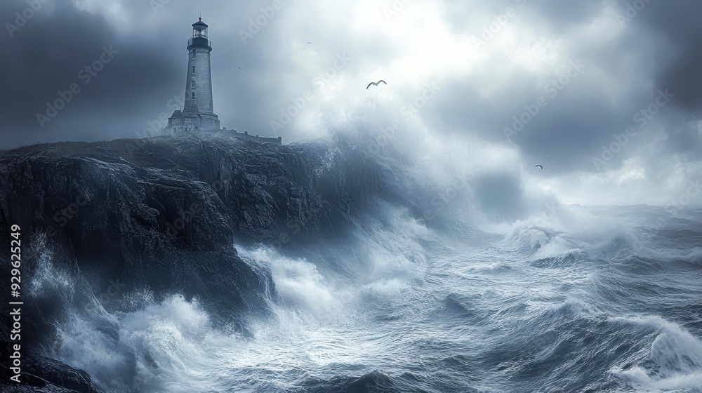 A dramatic scene of a lighthouse on a rocky coastline, with stormy waves crashing against the shore and dark clouds filling the sky, perfect for themes of nature's power, resilience A dramatic scene of a lighthouse on a rocky coastline, with stormy waves crashing against the shore and dark clouds filling the sky, perfect for themes of nature's power, resilience