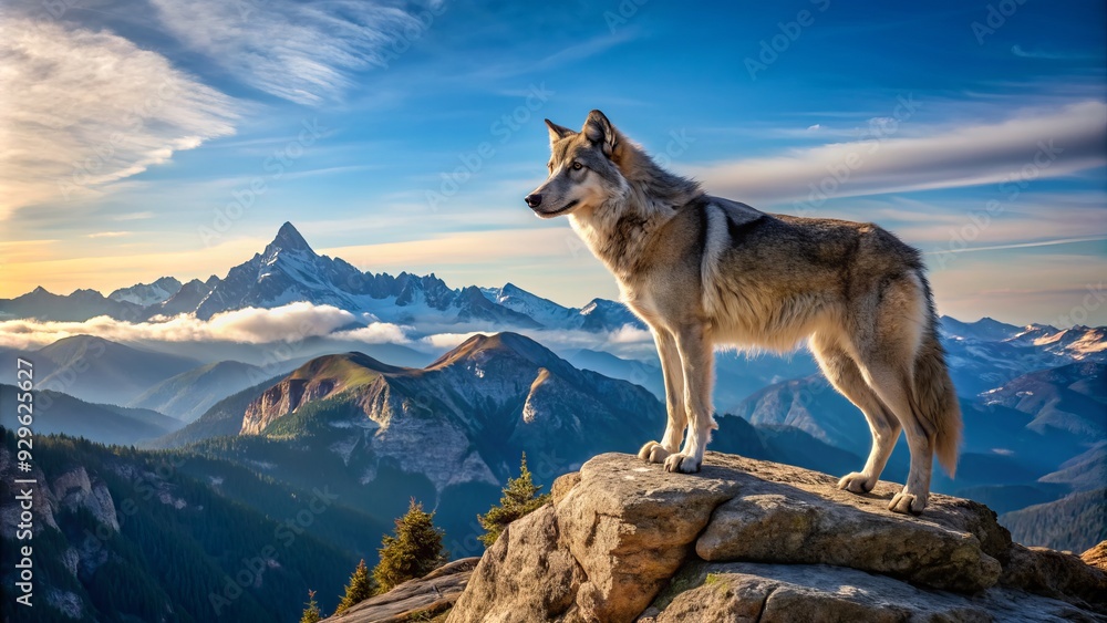 Naklejka premium A majestic gray wolf stands alone atop a rugged rocky mountain peak, gazing out at the vast wilderness landscape under a clear blue sky.