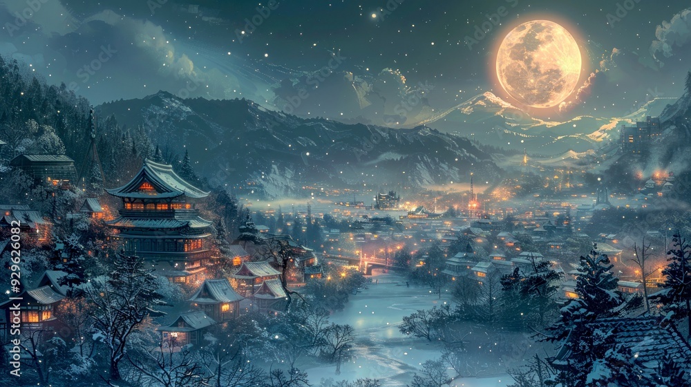 Obraz premium Snowy Night Landscape with a Full Moon Over a Japanese Village