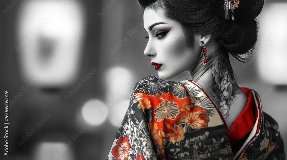 Japanese model woman with tattoos on her back and dressed in traditional kimono background wallpaper AI generated image Japanese model woman with tattoos on her back and dressed in traditional kimono background wallpaper AI generated image