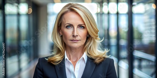 Confident and determined businesswoman with blonde hair and piercing eyes gazes directly at the camera, exuding strength and authority in a professional setting. photo