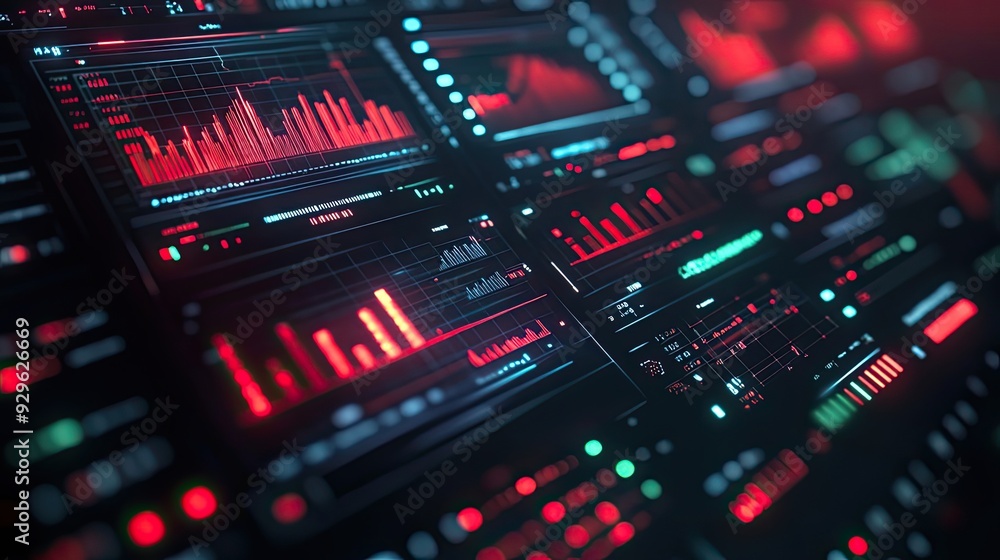 Red and Blue Digital Interface with Data and Graphs Red and Blue Digital Interface with Data and Graphs