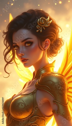 Illustration of a warrior girl, with armor and angel wings. Created using generative AI tools.
