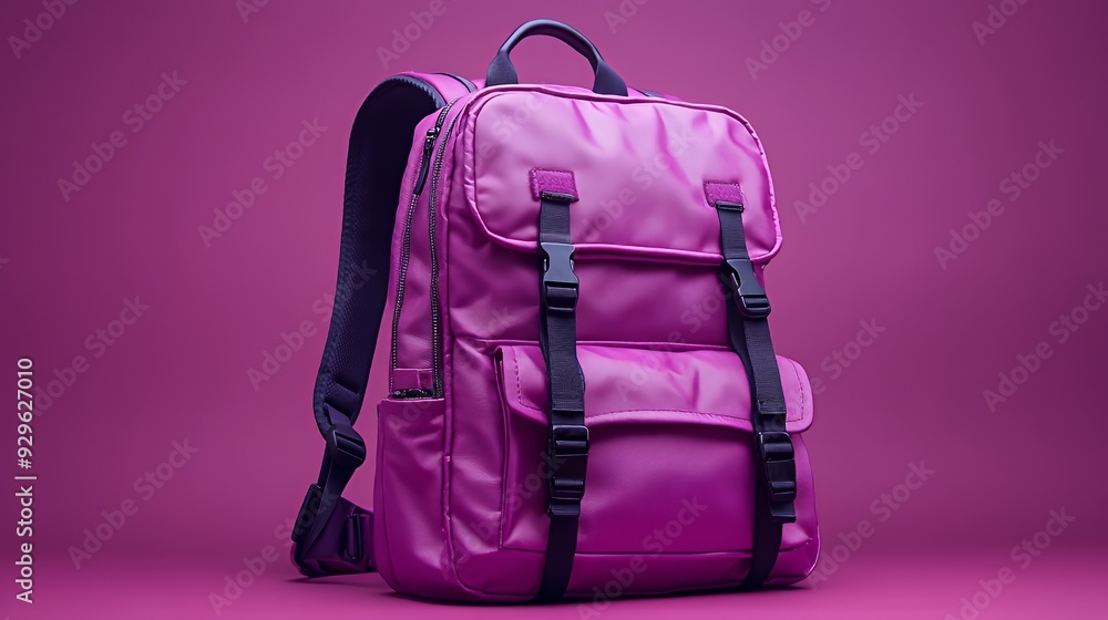 Fototapeta premium A vibrant pink backpack with multiple compartments and straps, suitable for travel or school.