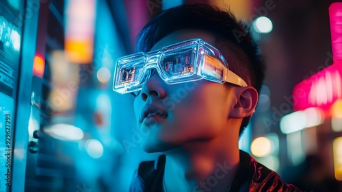 Portrait of a young Chinese man wearing futuristic glasses
