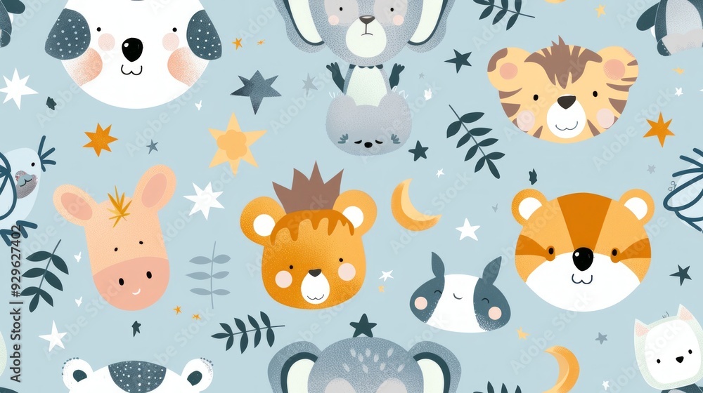 Fototapeta premium cute pattern of soft cartoon baby animals, used for a pattern on a babies hat