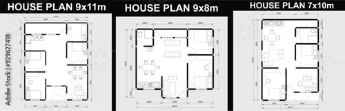 Vector design illustration of a 9x11m, 9x8m, and 7x10m house plan. in black and white color