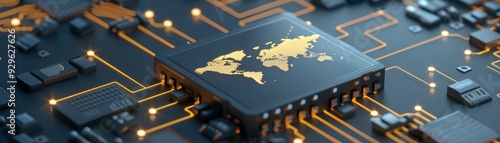 Global map on microchip symbolizing global connectivity photo