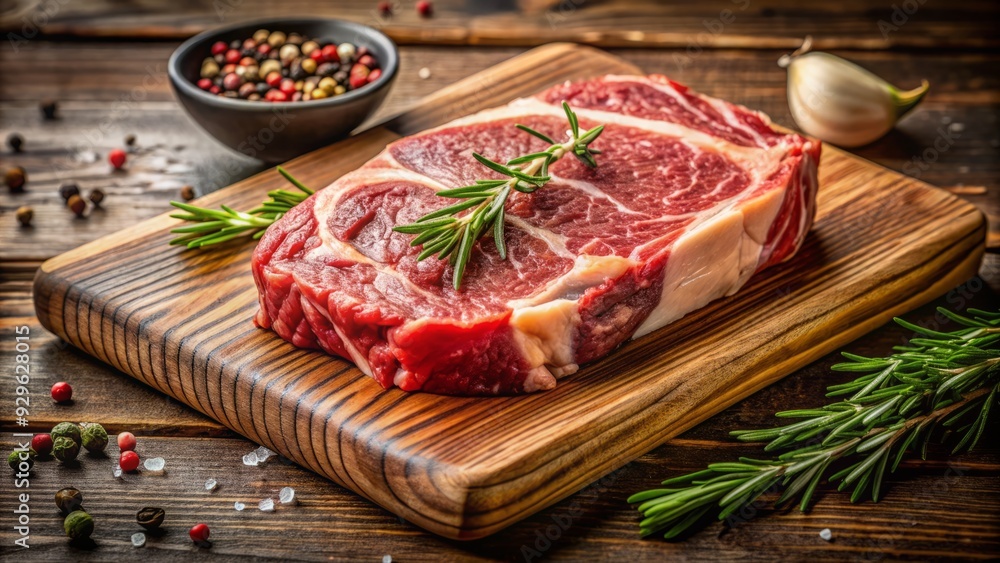 Juicy prime cut of beef from the rib section, richly marbled and tender, rests on a decorative wood cutting board, awaiting culinary delight. Juicy prime cut of beef from the rib section, richly marbled and tender, rests on a decorative wood cutting board, awaiting culinary delight.