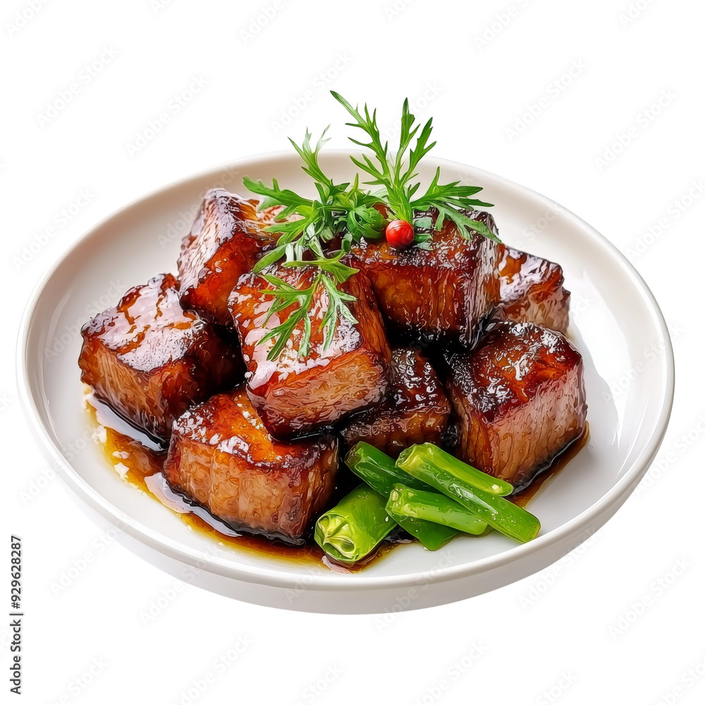 Deliciously cooked pork belly garnished with herbs and green peppers on a white plate Deliciously cooked pork belly garnished with herbs and green peppers on a white plate