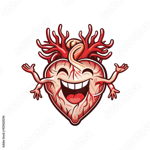 A cartoon heart-shaped monster with arteries and veins for arms, smiling and waving.