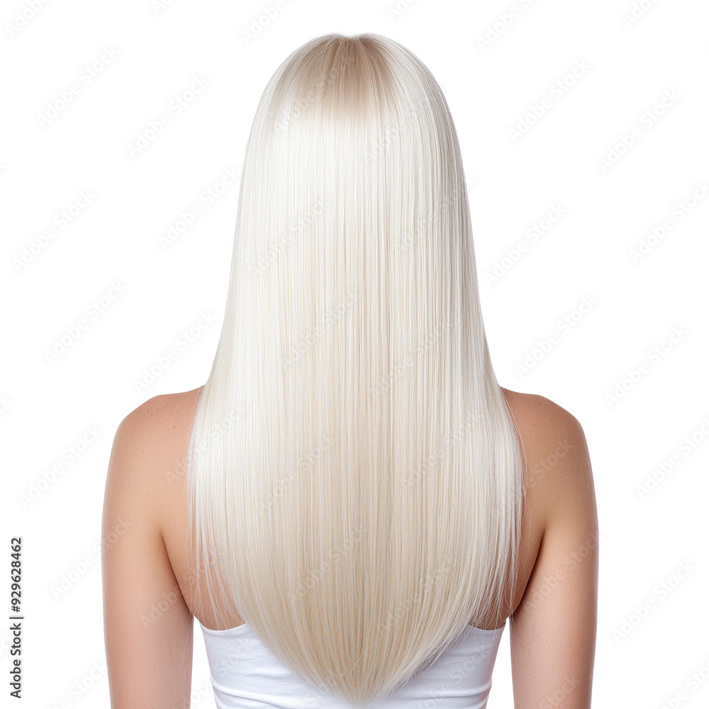 Back view of a woman with long, straight, platinum blonde hair. Focus on hair texture and style Back view of a woman with long, straight, platinum blonde hair. Focus on hair texture and style