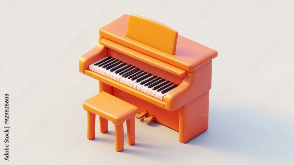 Orange Piano with Stool on a White Background Orange Piano with Stool on a White Background