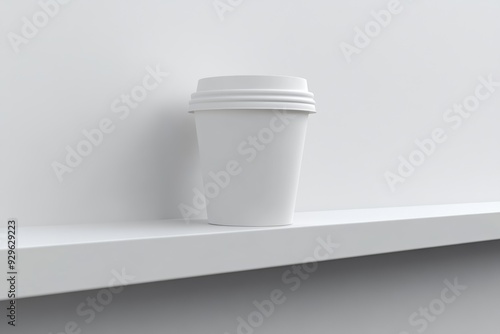 Mock up empty white 3D paper coffee cup on Minamalis cafe shelf, coffeshop background photo