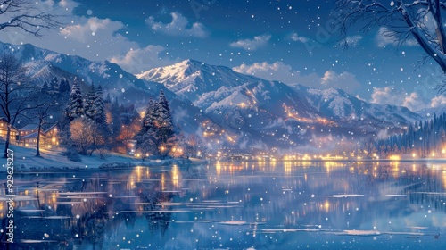 Snowy Mountain Lake with Cabin and Falling Snow