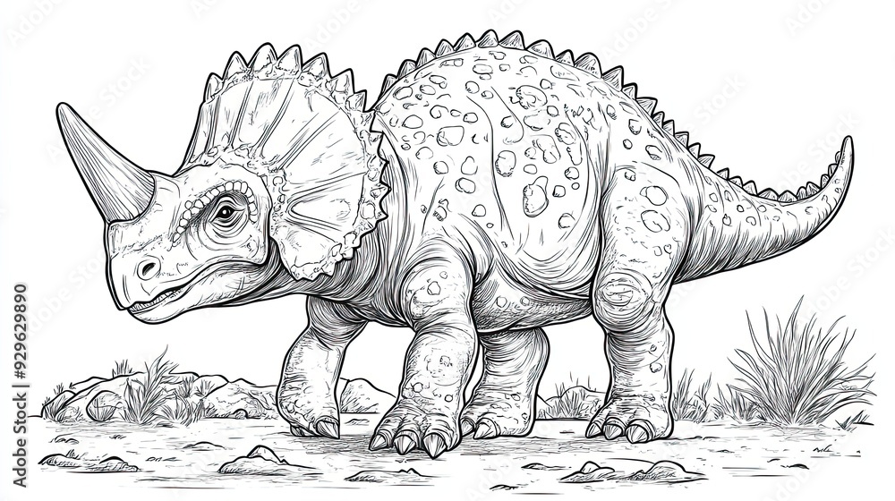 A Detailed Line Drawing of a Triceratops Dinosaur A Detailed Line Drawing of a Triceratops Dinosaur