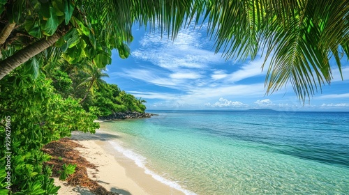 A serene beach scene with clear water and lush greenery under a bright sky.