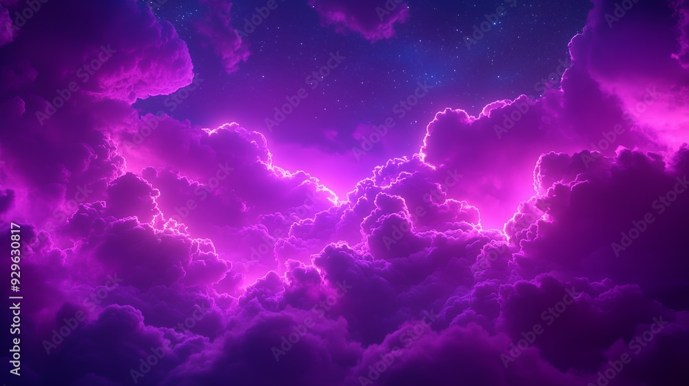 A vibrant sky filled with purple clouds illuminated by a starry night. A vibrant sky filled with purple clouds illuminated by a starry night.