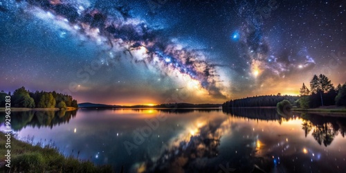 Stunning landscape photography of the Milky Way reflected on a still lake at night, with twinkling stars above